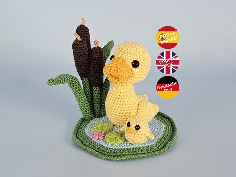 Ente und Küken am Teich mit Seerose - Amigurumi Häkelanleitung