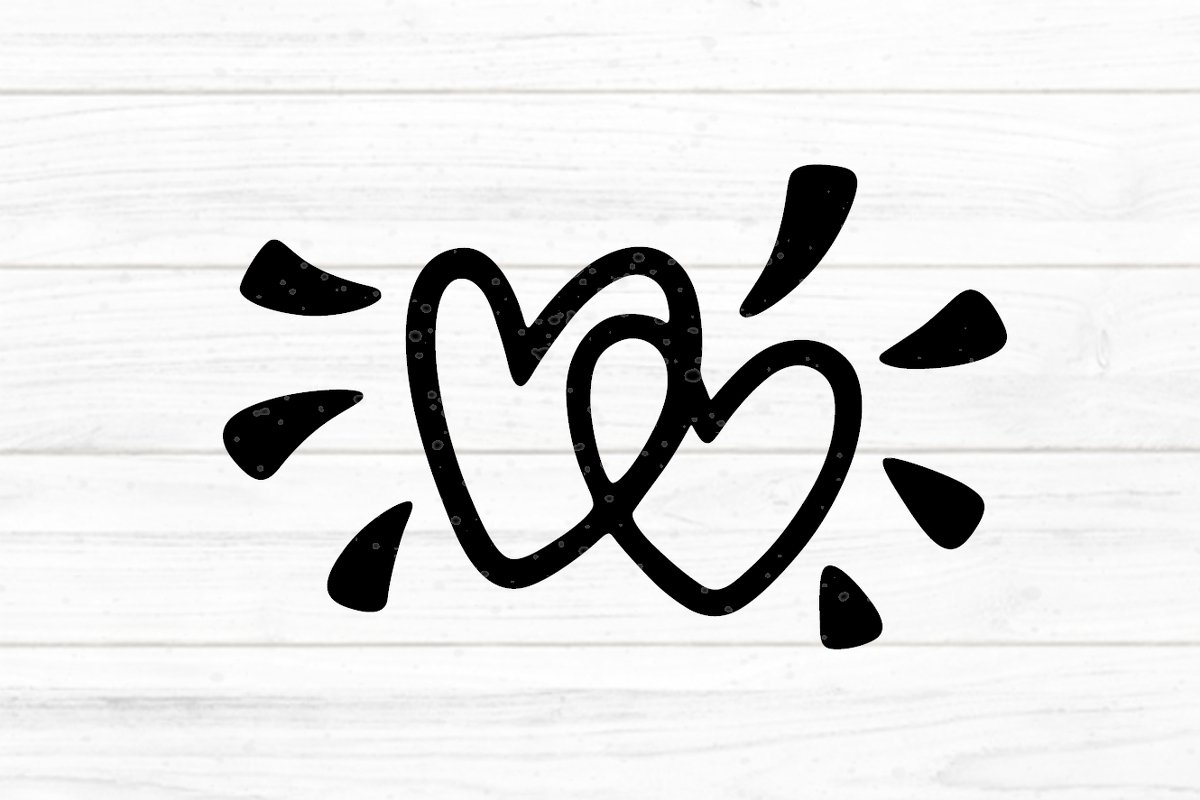 Zwei einfach gezeichnete, ineinander verschlungene Herzen mit Tropfenakzenten; schwarze Kontur auf heller Holzstruktur