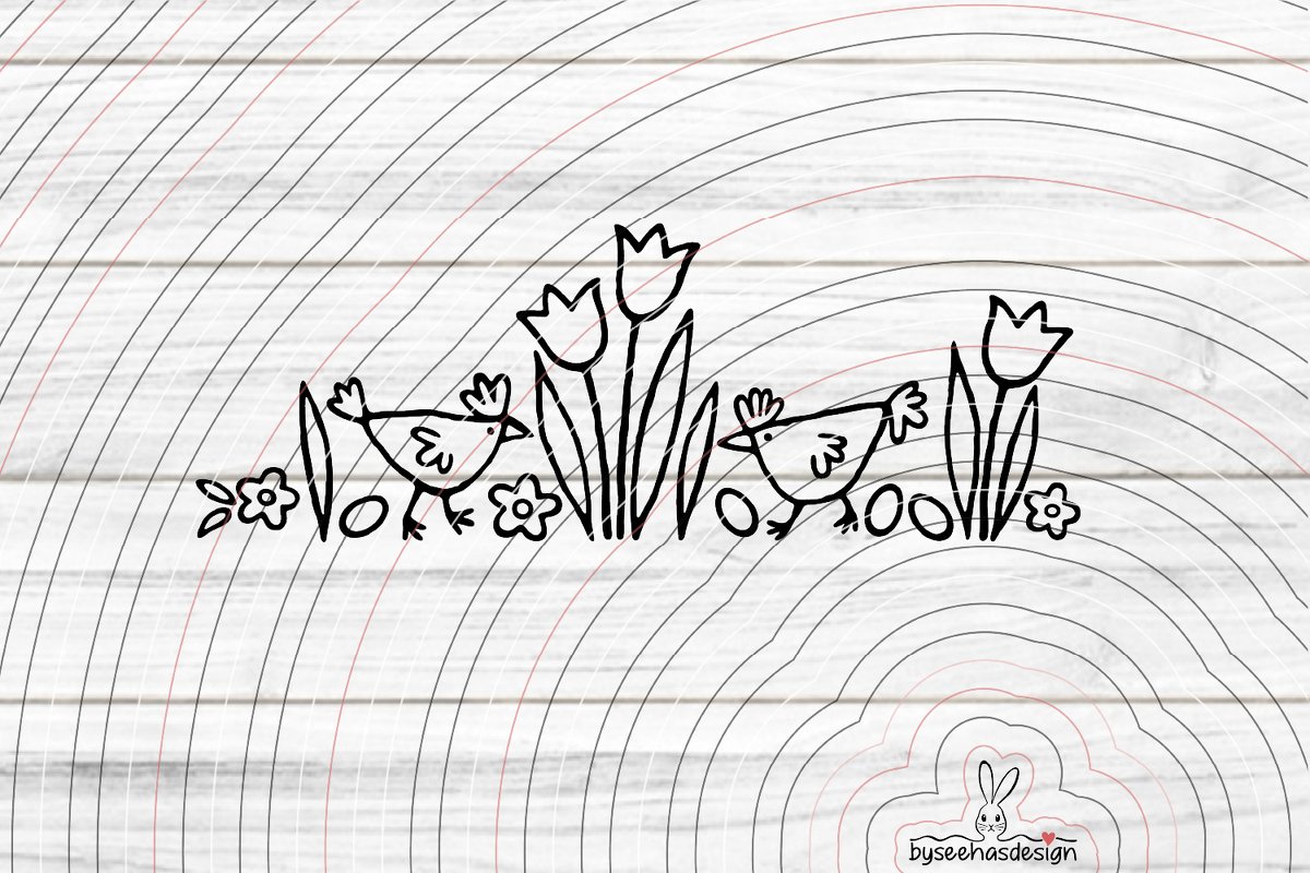 Linienmotiv für Plotter: zwei Hühner mit Tulpen, Blumen und Eiern vor hellem Holz