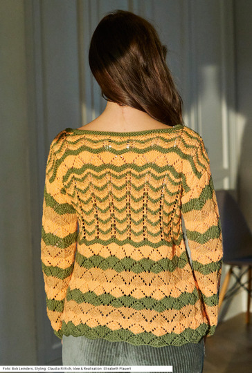 Pulli mit Ajourmusterstreifen in Oliv, Mandarin und Camel