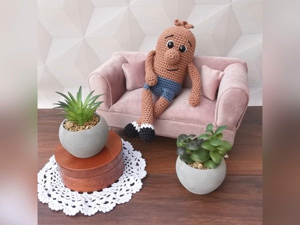 Positive Kartoffel – Handgehäkelter Motivations-Plüsch Mit Spruch, In Organzasäckchen, Süßes Geschenk