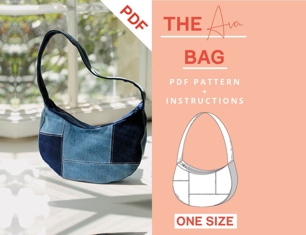 Patchwork bag sewing pattern, denim bag, shoulder bag, baguette bag, jeans