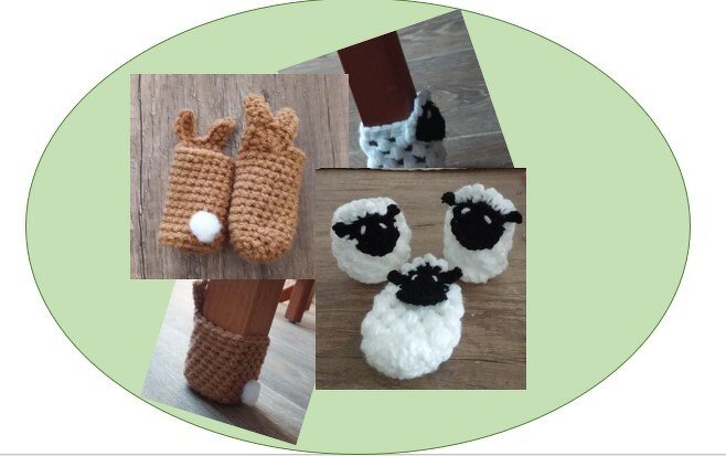 Gehäkelte Hasenüberzieher mit Bommel und runde Schaf-Untersetzer aus Garn