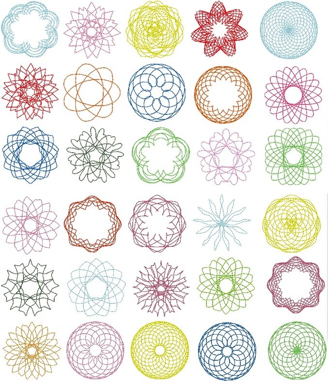 Raster mit 30 bunten, kreisförmigen und blumenähnlichen Stickmotiven auf weißem Hintergrund.