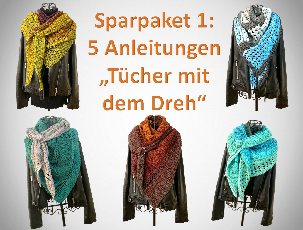Five crocheted triangle shawls in gradient colors draped on black leather jackets.