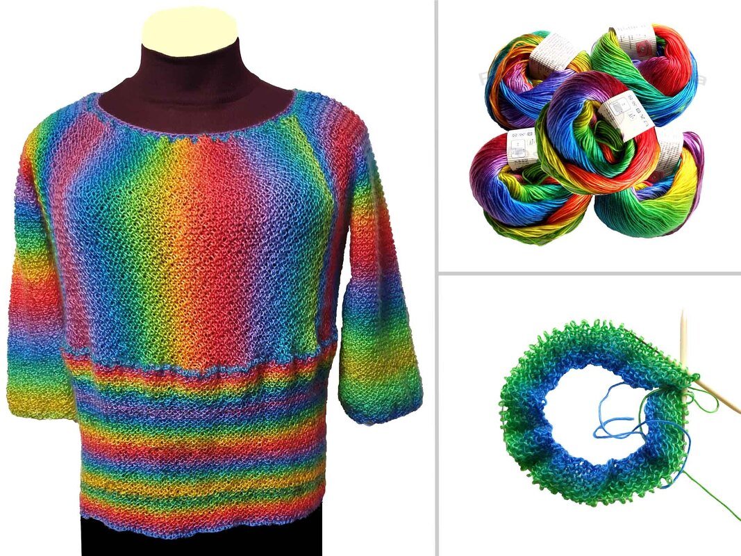 Gestrickter Regenbogenpullover auf einer Schaufensterpuppe, daneben mehrfarbige Wollknäuel und ein begonnenes Strickstück auf Nadeln.