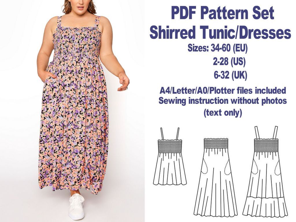 Plus Size Dress Pattern PDF Sewing Patterns PDF Shirred Maxi Dress Pattern