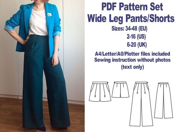 Wide Leg Pants Shorts Sewing Pattern PDF Trousers Sewing Patterns PDF