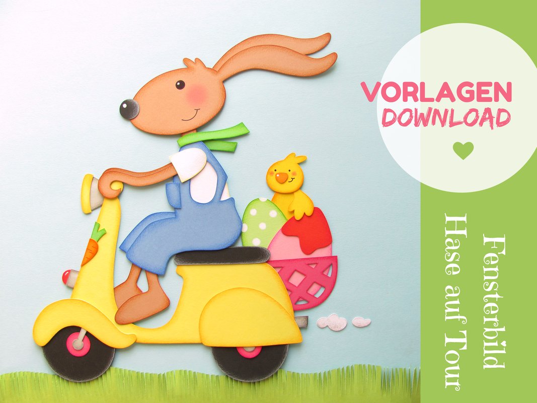 Bastelvorlage Fensterbild Osterhase auf dem Roller, Fensterbild Ostern