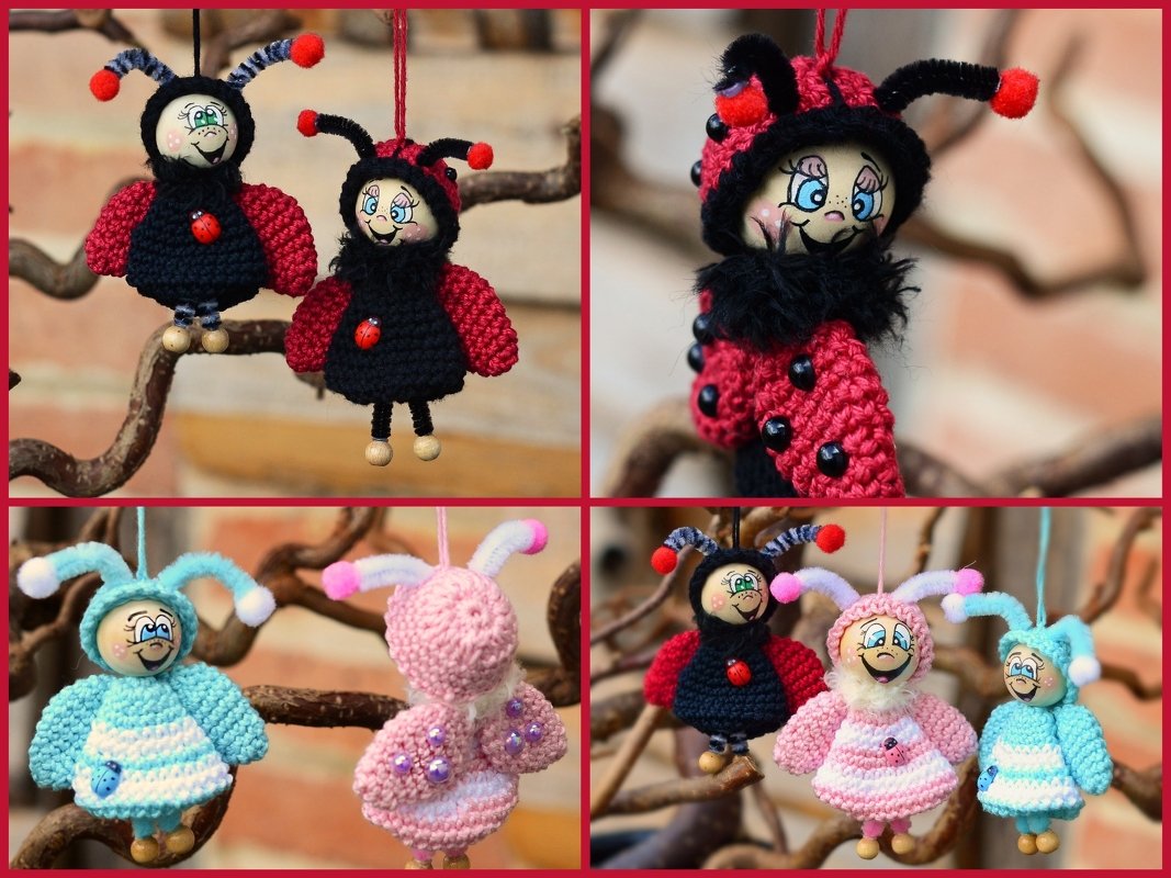 Gehäkelte Marienkäfer- und bunte Insektenfiguren mit bemalten Gesichtern und Holzperlenfüßen, hängend an Zweigen.