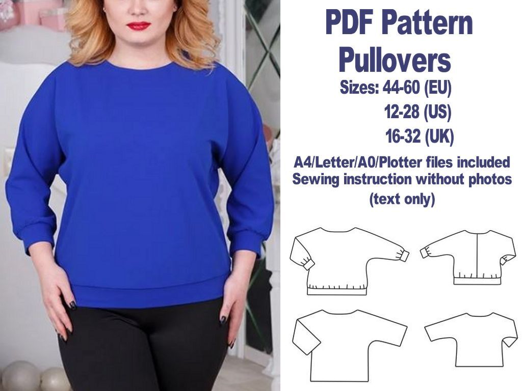 Pullover Pattern PDF Sweatshirt Sewing Pattern Plus Size Sewing Patterns