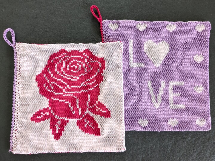 Double knitting pattern potholders "Rose Love"