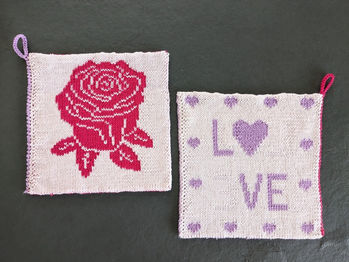 Double knitting pattern potholders "Rose Love"