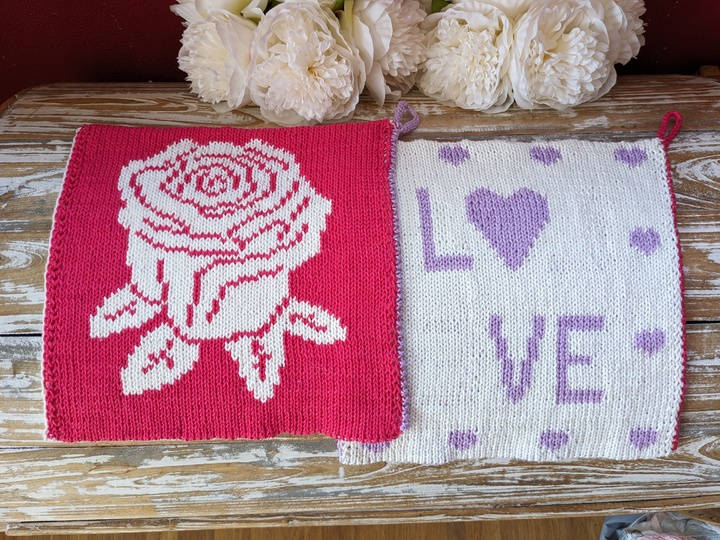 Double knitting pattern potholders "Rose Love"
