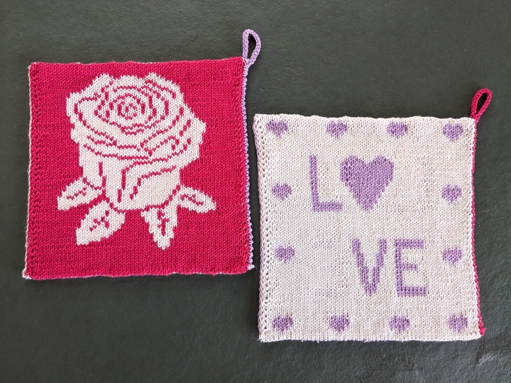 Double knitting pattern potholders "Rose Love"
