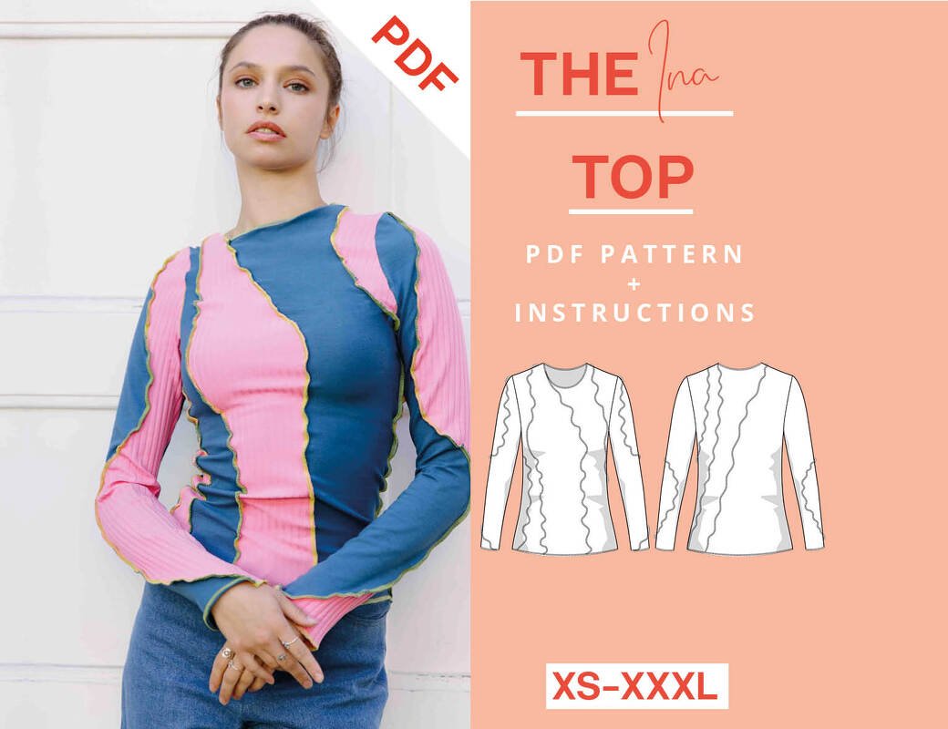 Long sleeve sewing pattern XS-XXXL, ladies jersey top lettuce hem patchwork