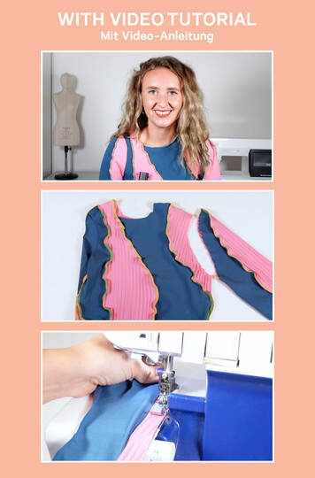 Long sleeve sewing pattern XS-XXXL, ladies jersey top lettuce hem patchwork