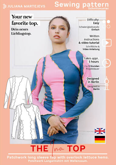 Long sleeve sewing pattern XS-XXXL, ladies jersey top lettuce hem patchwork