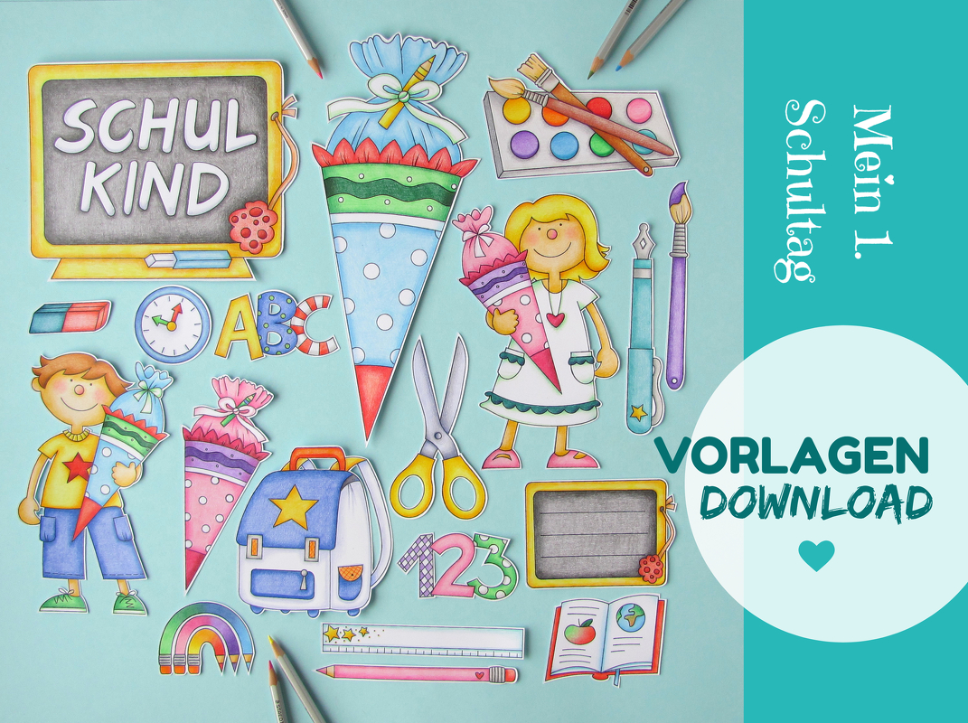 Ausmalmotive zum ersten Schultag und zur Einschulung