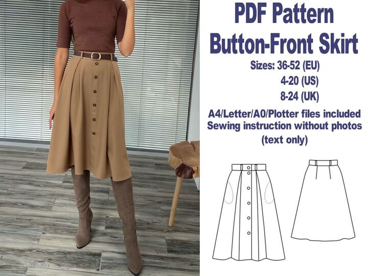 Button-Front Skirt Pattern PDF Sewing Patterns Skirts Patterns Women