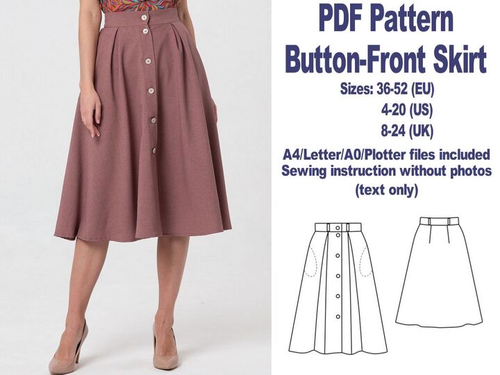 Button-Front Skirt Pattern PDF Sewing Patterns Skirts Patterns Women