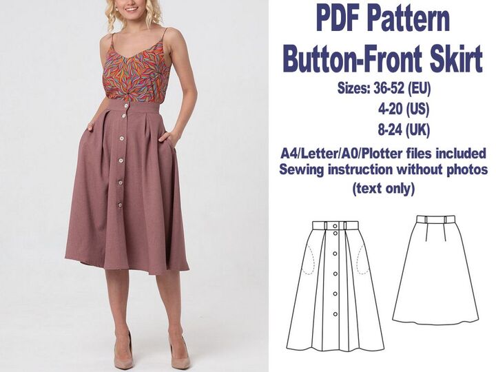 Button-Front Skirt Pattern PDF Sewing Patterns Skirts Patterns Women
