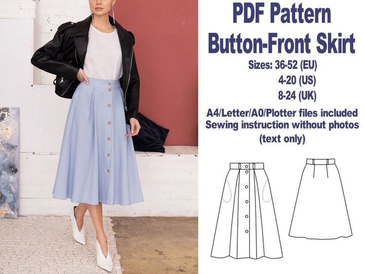 Button-Front Skirt Pattern PDF Sewing Patterns Skirts Patterns Women