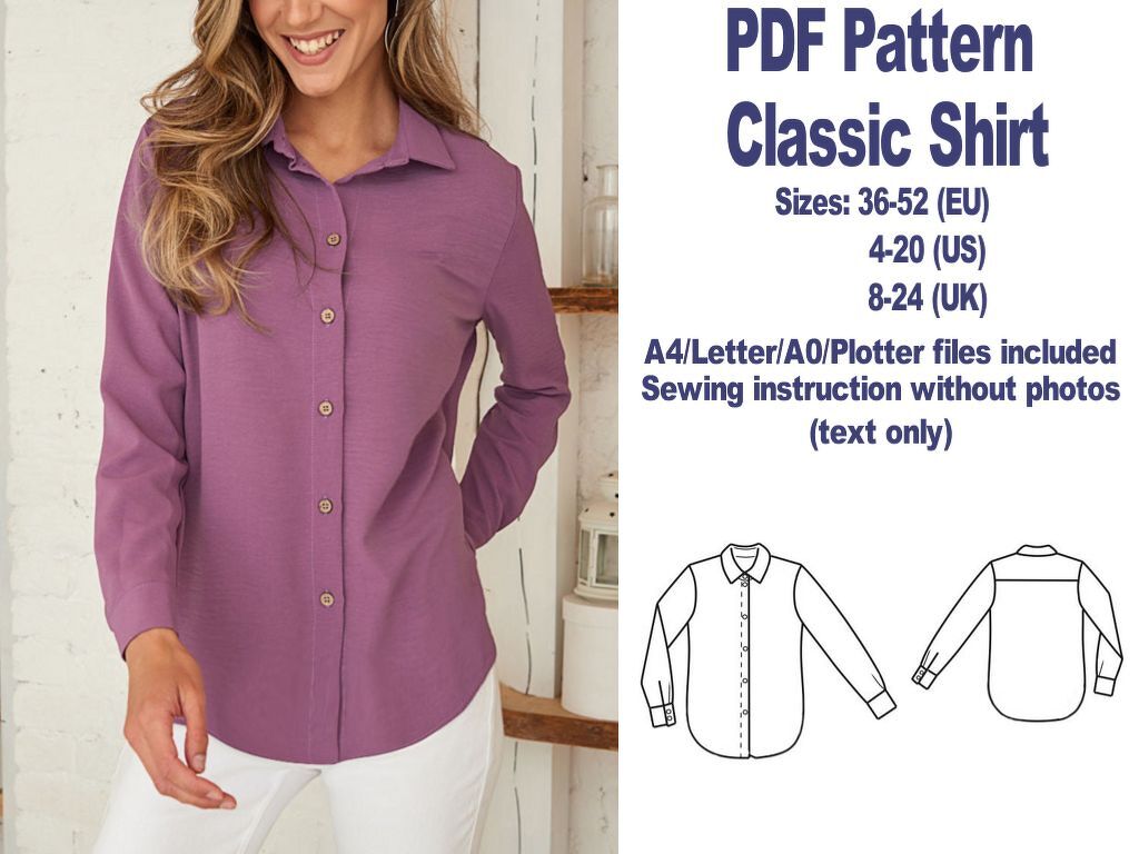 Classic Shirt Sewing Pattern PDF Sewing Patterns Women Clothes Patterns PDF