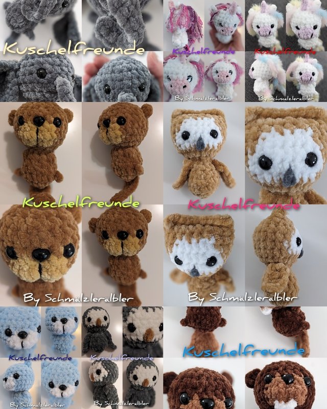 Collage aus gehäkelten Mini‑Amigurumi‑Schlüsselanhängern (Eulen, Bären, Einhörner, Seehunde) aus plüschigem Garn, Nahaufnahmen