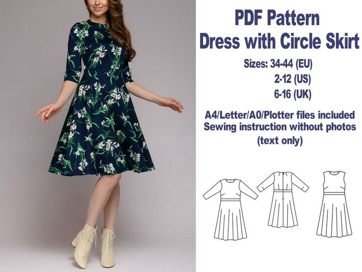 Dress with Circle Skirt Sewing Pattern PDF Sewing Patterns Dress Pattern