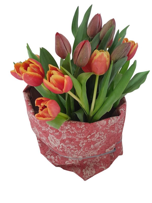 Rotes Stoff-Utensilo mit hellem floralem Muster, gefüllt mit orange-roten Tulpen, isoliert auf weißem Grund