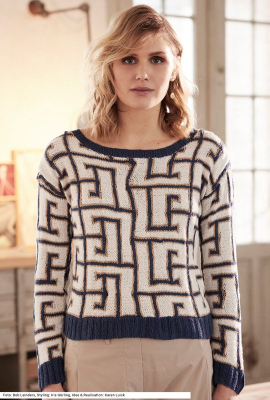 Pulli mit Intarsienmuster in Weiß, Marine und Beige - Bild 3