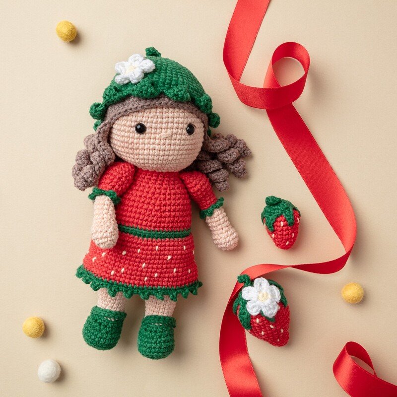 Gehäkelte Amigurumi-Puppe mit rotem Kleid, grüner Mütze mit weißer Blüte und grünen Schuhen; daneben kleine gehäkelte Erdbeeren und rotes Satinband