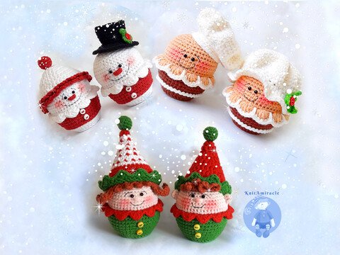 Häkelanleitung Schneemann, Weihnachtself, Lebkuchen, Weihnachtsornament-Set