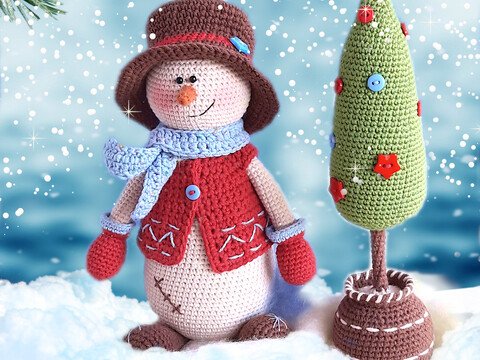 Häkelanleitung Amigurumi Kevin, der Schneemann und sein Weihnachtsbaum