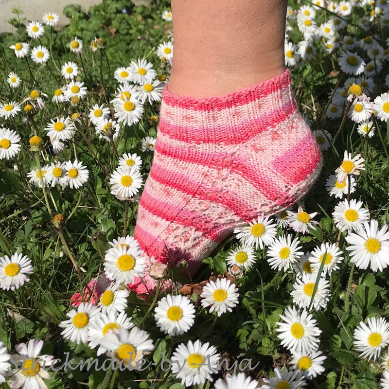 Handgestrickte rosa gestreifte Knöchelsocke auf einer Gänseblümchenwiese