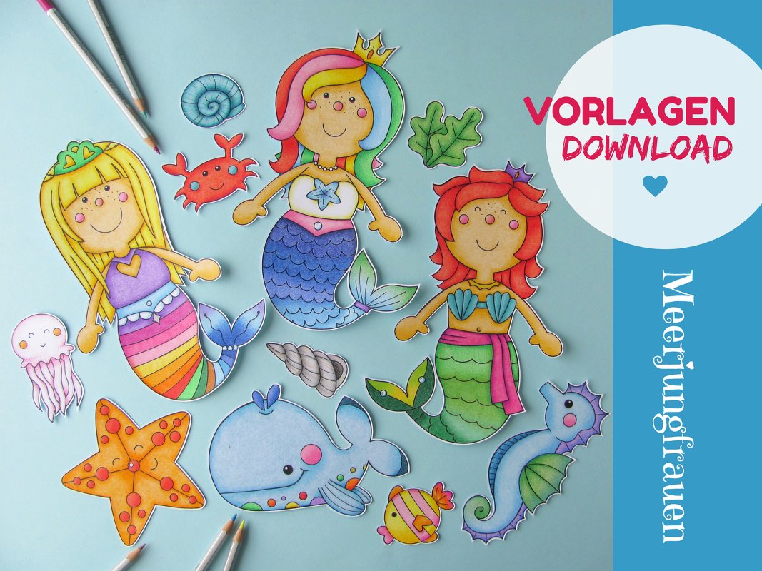 Ausmalvorlagen Meerjungfrauen und Meerestiere zum Basteln und Verzieren
