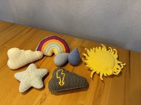 Wettersymbole: Sonne, Wolken, Regenbogen, Schneeflocke und Regentropfen