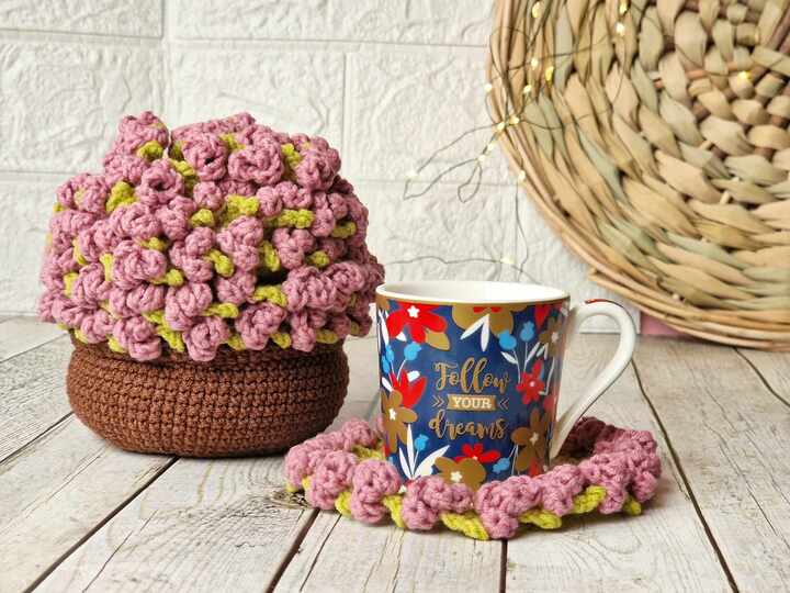 Crochet flower coaster set in a pot