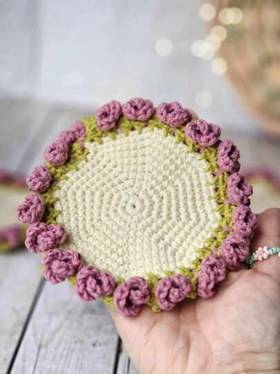 Crochet flower coaster set in a pot