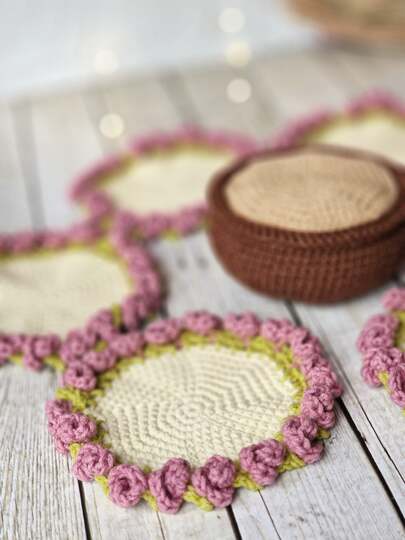 Crochet flower coaster set in a pot