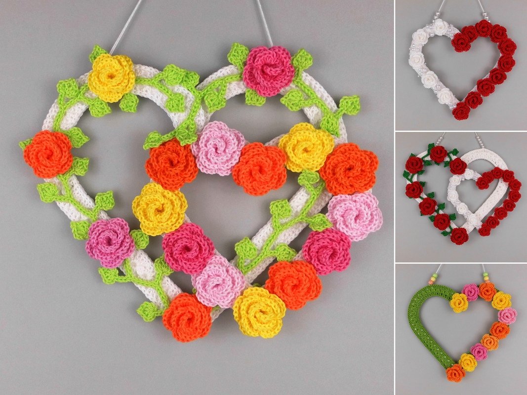 Heart with roses and tendrils - easy from scraps of yarn