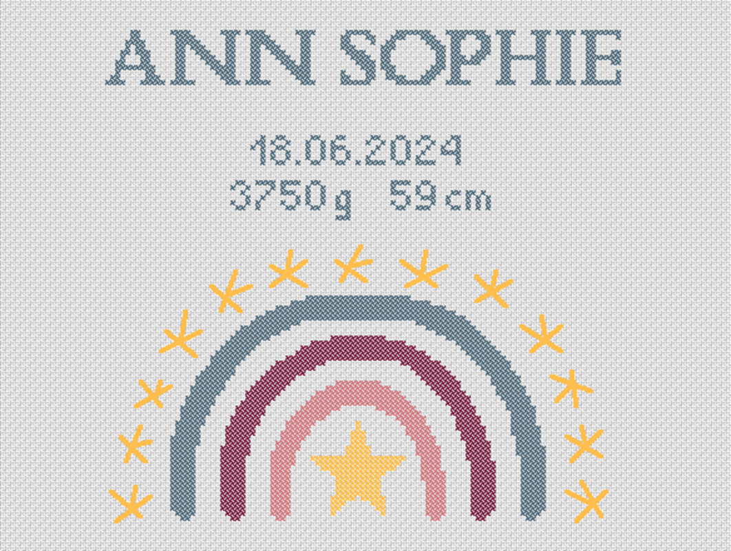 Kreuzstichvorlage zur Geburt mit Regenbogen und Spruch "Sei wild, frei .."