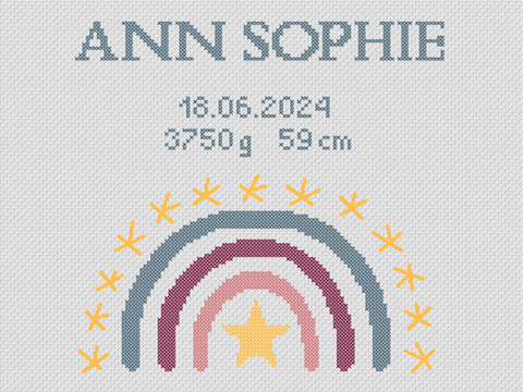Kreuzstichvorlage zur Geburt mit Regenbogen und Spruch "Sei wild, frei .."