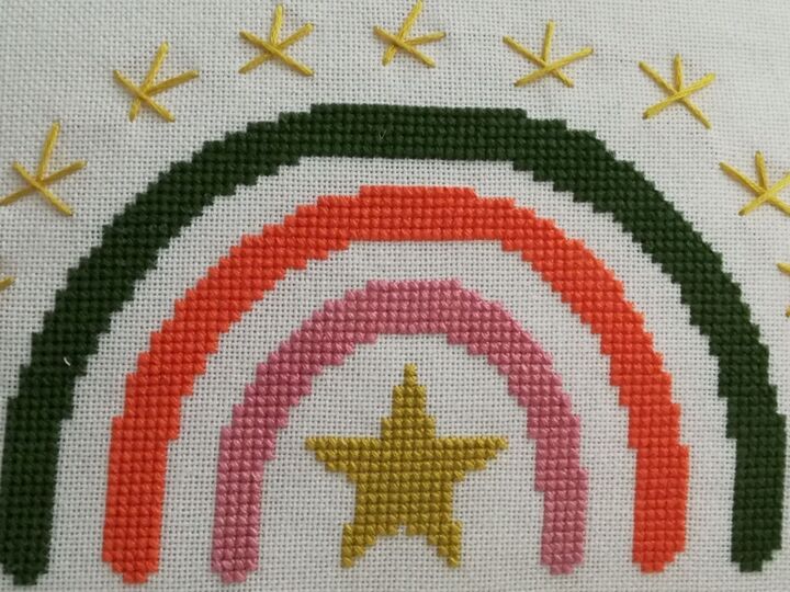 Kreuzstichvorlage zur Geburt mit Regenbogen und Spruch "Sei wild, frei .."