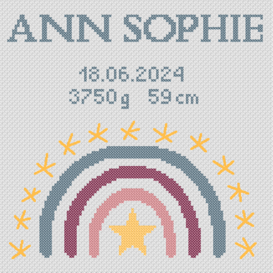 Kreuzstichvorlage zur Geburt mit Regenbogen und Spruch "Sei wild, frei .."