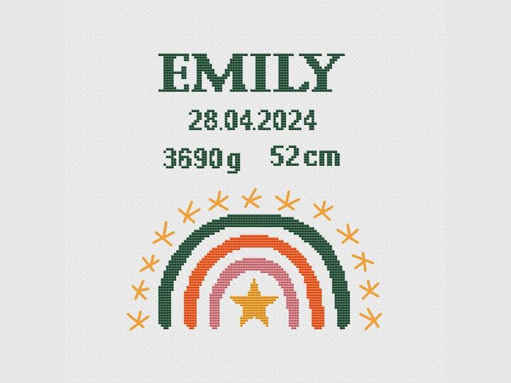 Kreuzstichvorlage zur Geburt mit Regenbogen und Spruch "Sei wild, frei .."