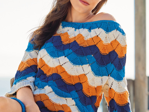 Tunika im Wellenmuster in Marine, Türkis, Orange und Weiß