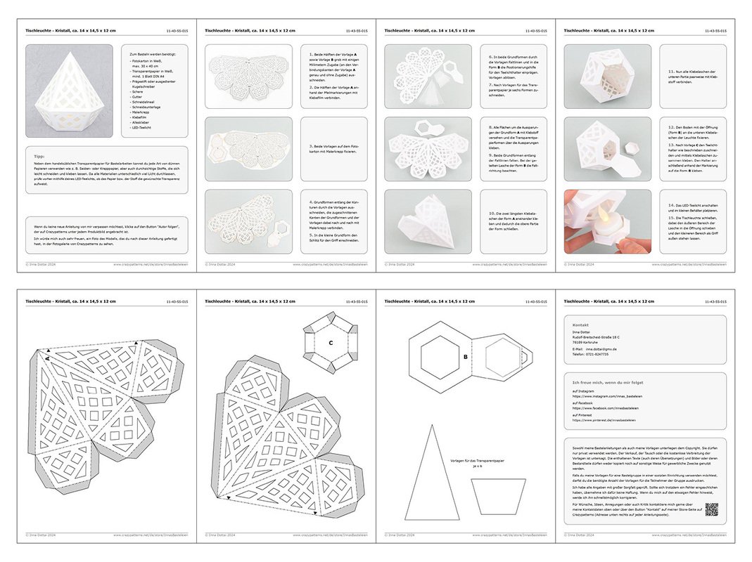 Nummerierte Schnittmuster und Schritt-für-Schritt-Anleitung für eine geometrische Papier-Kristallleuchte