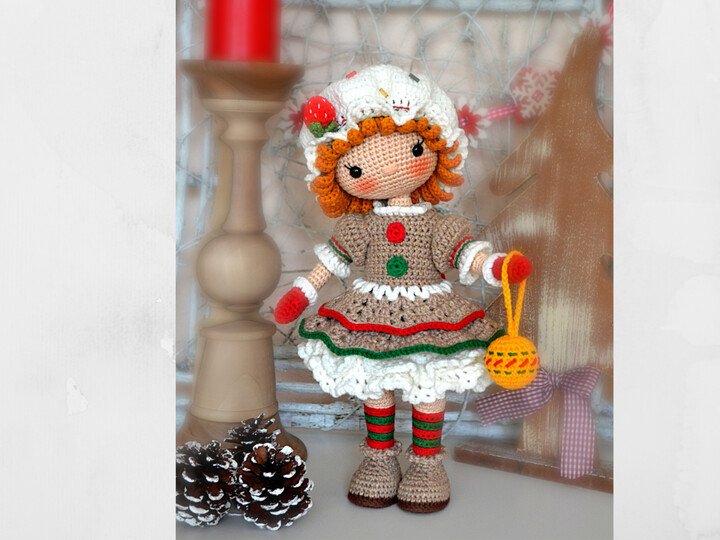 Christmas doll Amigurumi crochet pattern, little girl MIRA in a gingerbread